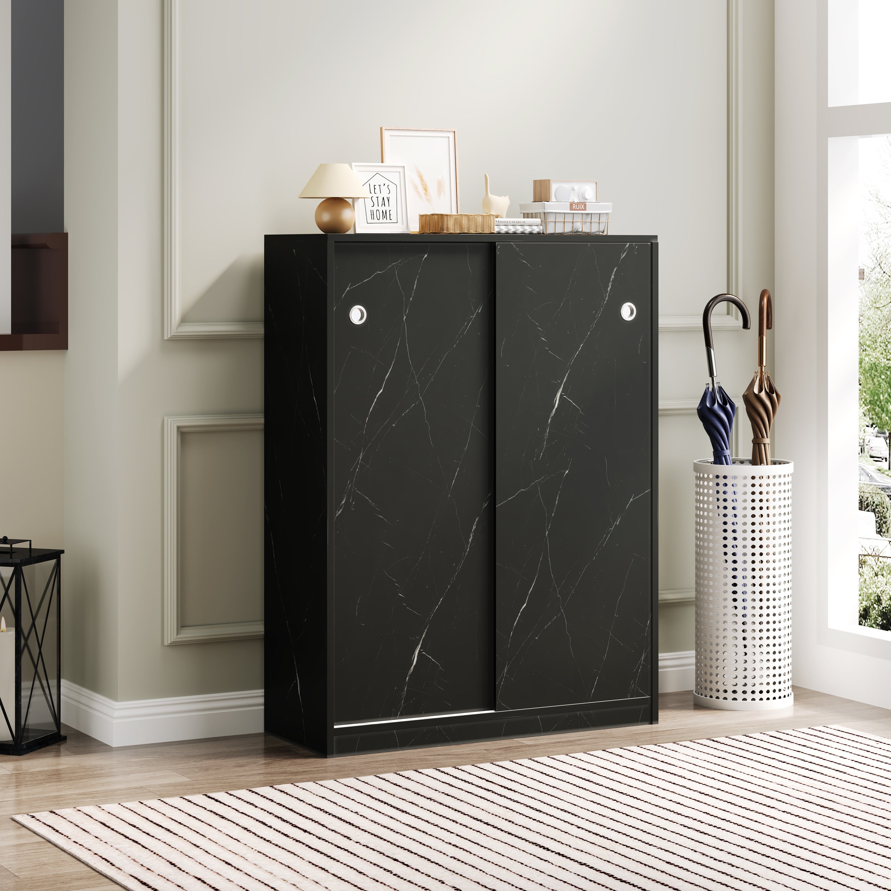 HAOYYE Marble black shoe cabient with sliding door have 6 layers can storage at least30 pairs shoes Sturdy Space-Saving Heavy Duty Modern Design Adults Dorm Room Easy Assembly Bedroom Furniture