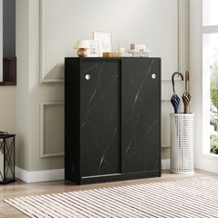 HAOYYE Marble black shoe cabient with sliding door have 6 layers can storage at least30 pairs shoes Sturdy Space-Saving Heavy Duty Modern Design Adults Dorm Room Easy Assembly Bedroom Furniture