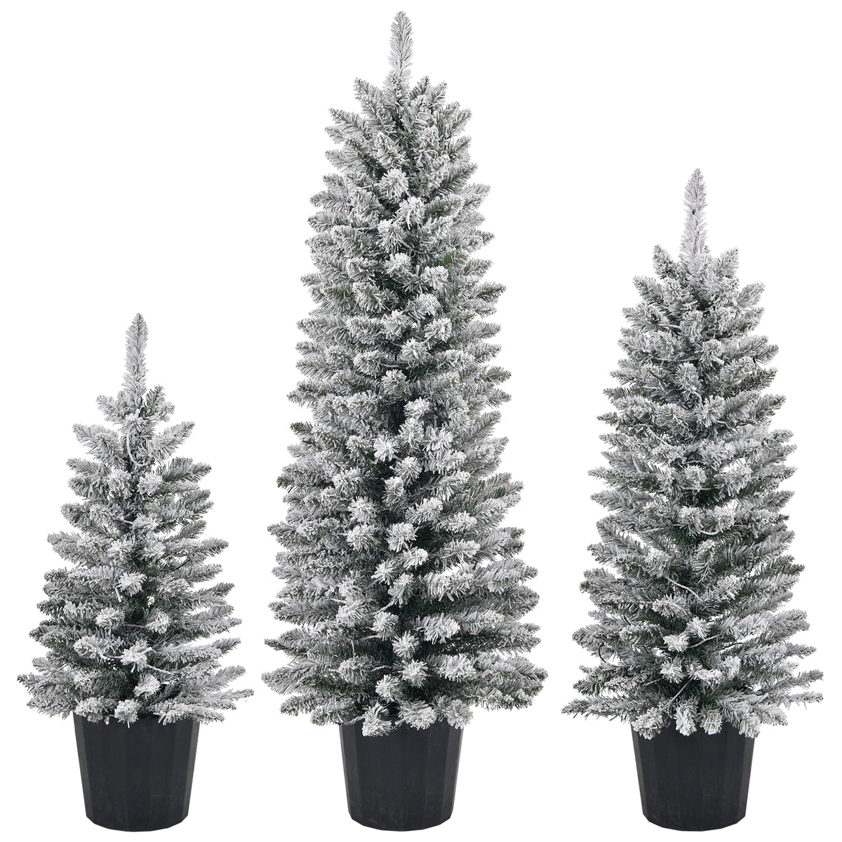 HAOYYE Set of 3 Pre-lit Snow Flocked Artificial Christmas Trees with Pot Stands Battery Operated 50 100 150 Warm LED Lights and 130 180 250 PVC Branch Tips Perfect for Holiday Party Office or Home Décor