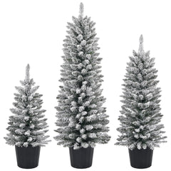 HAOYYE Set of 3 Pre-lit Snow Flocked Artificial Christmas Trees with Pot Stands Battery Operated 50 100 150 Warm LED Lights and 130 180 250 PVC Branch Tips Perfect for Holiday Party Office or Home Décor