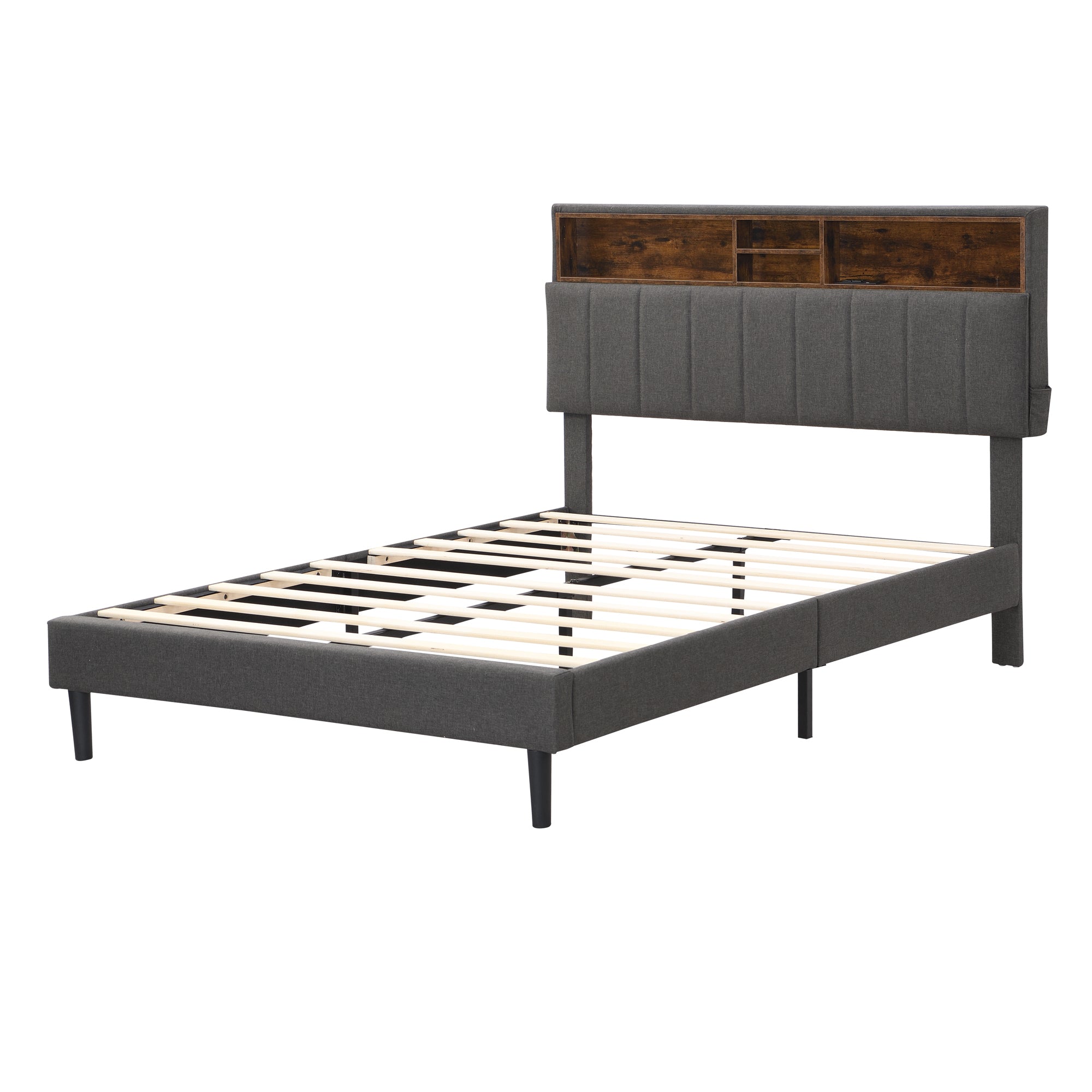HAOYYE Full size Upholstered Platform Bed with Storage Headboard and USB Port, Linen Fabric Upholstered Bed (Gray) Sturdy Space-Saving Heavy Duty Modern Design Easy Assembly Durable Stylish Home Furniture