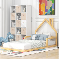 HAOYYE Twin Size Wood Floor Bed with House-shaped Headboard, Natural Sturdy Space-Saving Heavy Duty Modern Design Adults Dorm Room Easy Assembly Bedroom Furniture