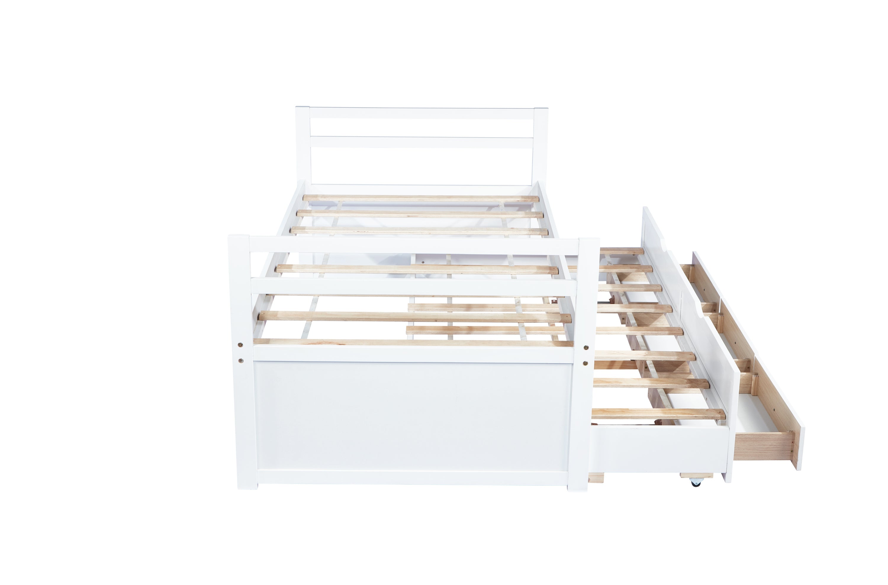 HAOYYE Twin Bed with Headboard, Footboard, Trundle and Storage Drawers, Pine Wood Twin Size Bed, White, Sturdy Space-Saving Heavy Duty Construction, Ideal for Adults and Dorm Rooms