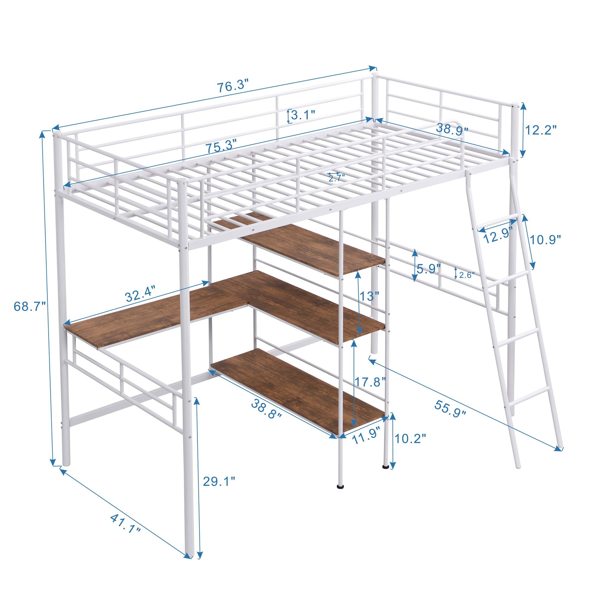 HAOYYE Twin Size Metal Loft Bed and Built-in Desk and Shelves,White Sturdy Space-Saving Heavy Duty Modern Design Adults Dorm Room Easy Assembly Bedroom Furniture