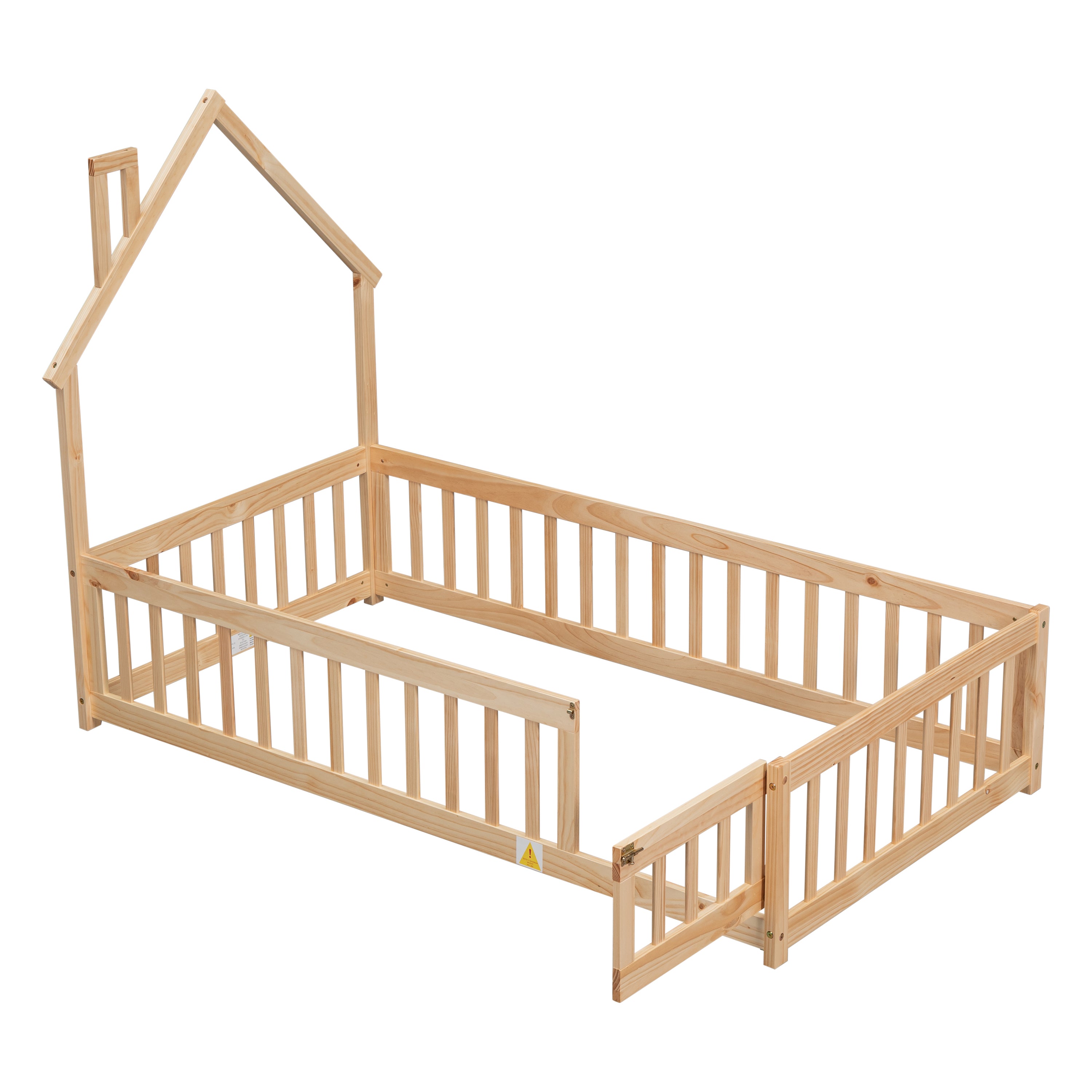 HAOYYE Twin House-Shaped Headboard Floor Bed with Fence ,Natural Sturdy Space-Saving Heavy Duty Modern Design Adults Dorm Room Easy Assembly Bedroom Furniture