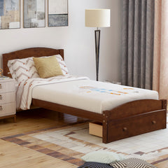 HAOYYE Twin Bed Frame with Storage Drawer and Wood Slat Support, Walnut, Sturdy Space-Saving Design, Heavy Duty Construction, Easy Assembly, Durable and Stylish Home Furniture, Versatile for Bedroom Use