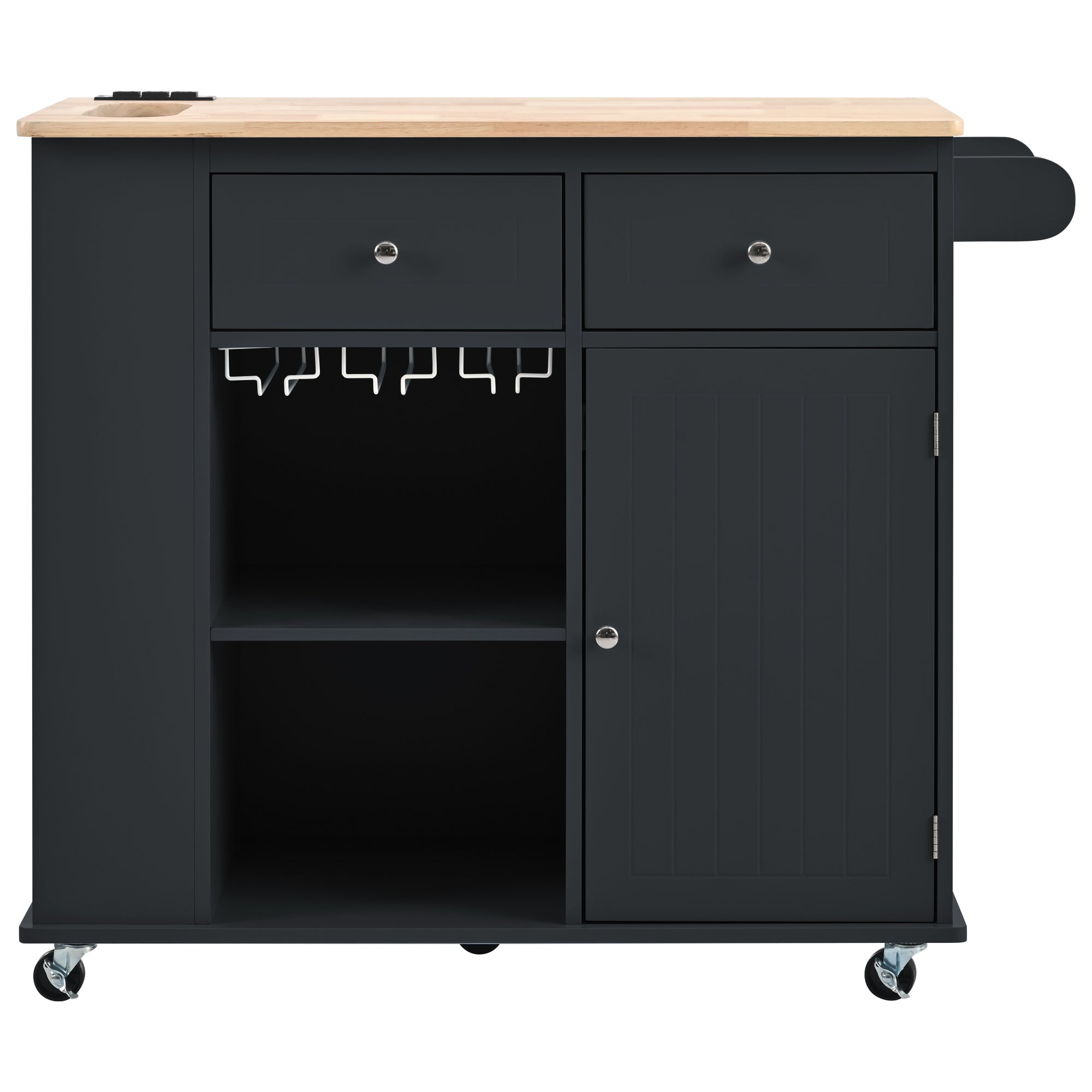 HAOYYE Kitchen Island with Power Outlet, Drop Leaf, Rubber Wood Top, Wine Rack, and Adjustable Storage. Black Kitchen Storage Island on Wheels, Ideal for Home, Kitchen, and Dining Room