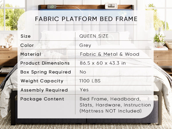 HAOYYE Queen Bed Frame with Storage Headboard and Drawers, LED Upholstered Platform Bed Frame with Built-in Charging Station, No Box Spring Needed, Easy Assembly, Sturdy and Space-Saving Design in Grey for Adults