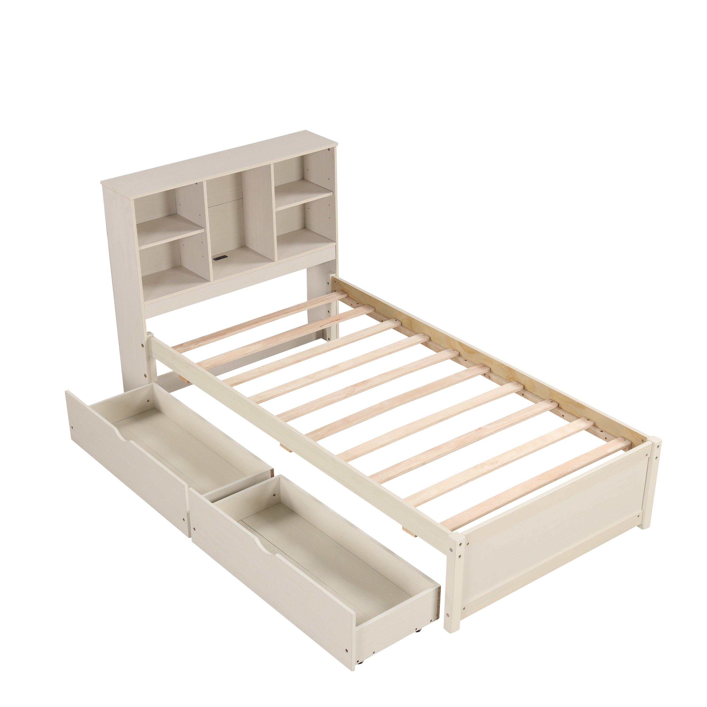 HAOYYE Modern Twin Size Bed Frame with Built-In USB Port on Bookcase Headboard and Two Drawers for White Washed Color, Sturdy Space-Saving Design, Heavy Duty Construction, Easy Assembly, Durable and Stylish Home Furniture
