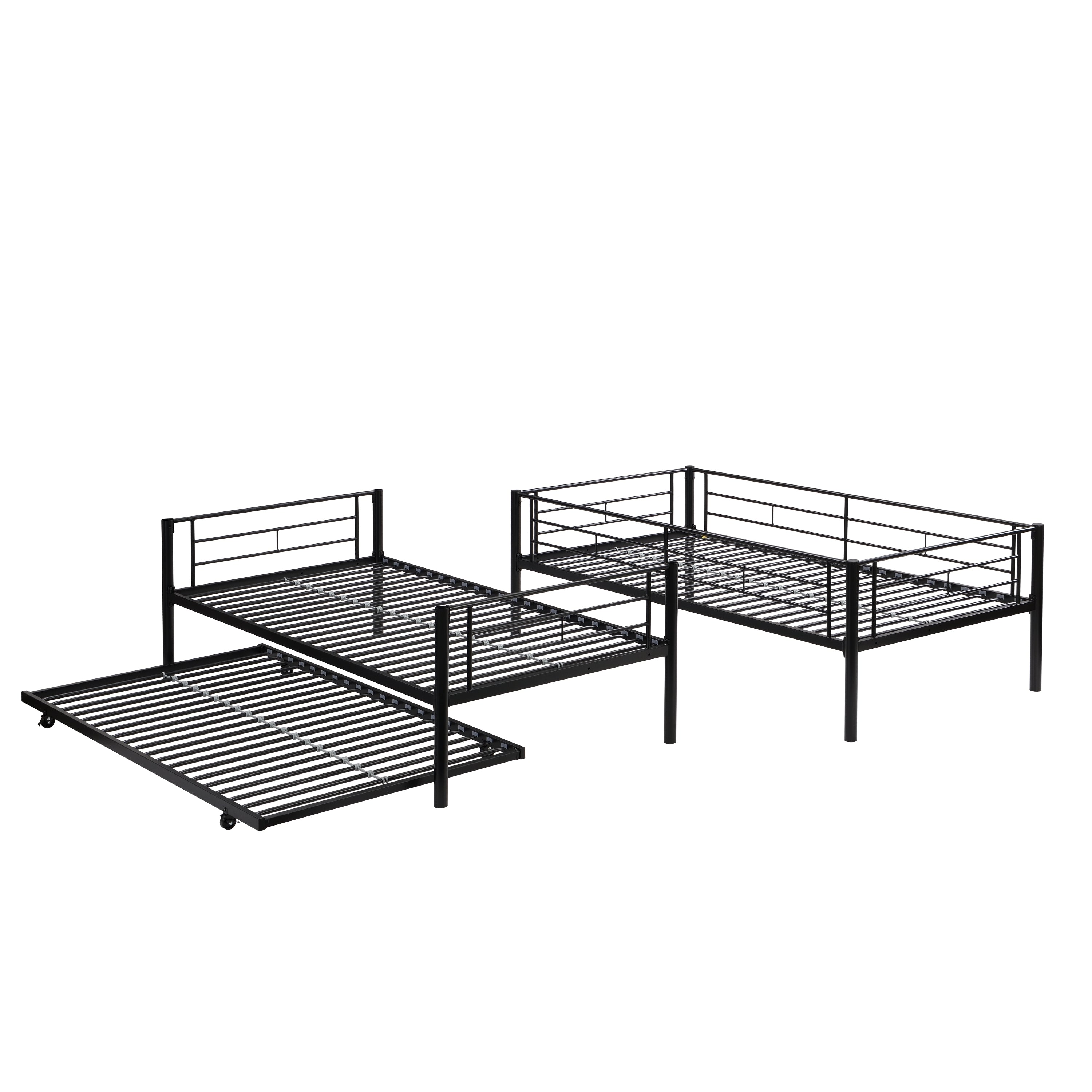 HAOYYE Over Twin Bunk Bed Frame with Trundle,Metal Bunkbed with Sturdy Guard Rail and 2 sideLadders for /Adults,Can be Divided Into Two Beds, No Box Spring Needed, Noise Free for Dorm,Black Space-Saving