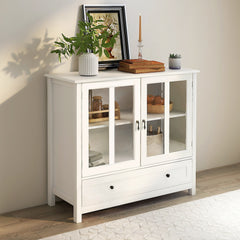 HAOYYE Buffet storage cabinet with double glass doors and unique bell handle Sturdy Space-Saving Heavy Duty Modern Design Easy Assembly Durable Stylish Home Furniture Versatile