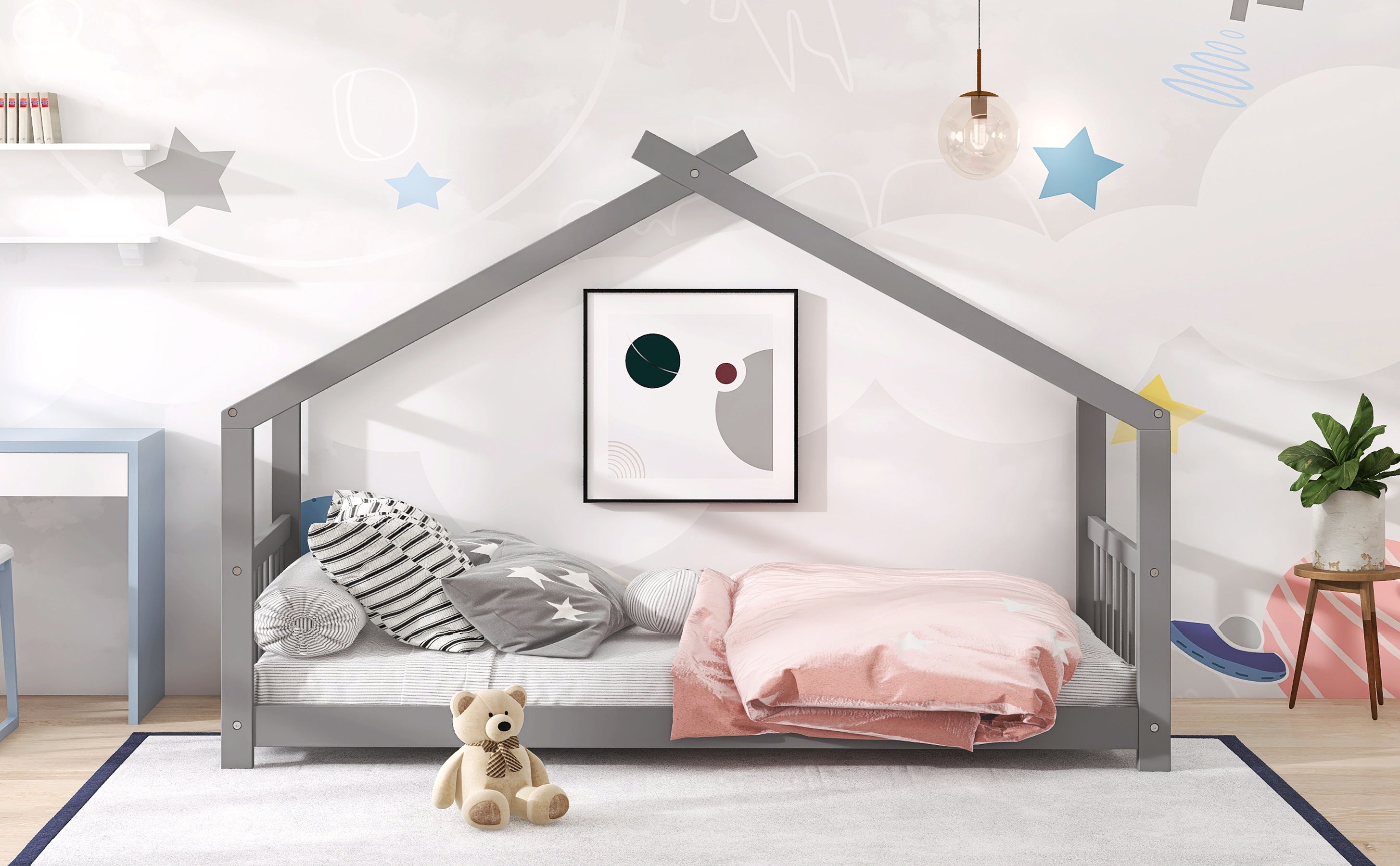 HAOYYE Twin Size House Bed Wood Bed, Gray Sturdy Space-Saving Heavy Duty Modern Design Adults Dorm Room Easy Assembly Bedroom Furniture