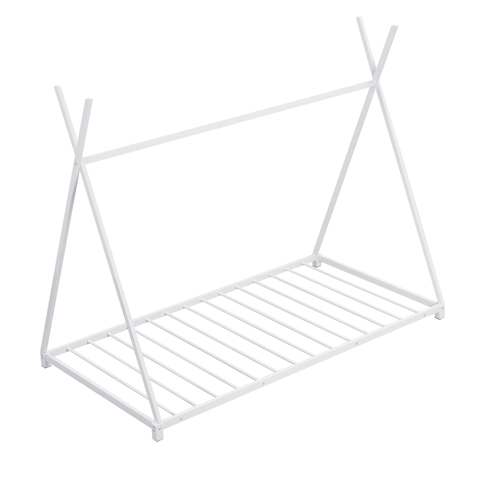 HAOYYE Metal Twin Size House Platform Bed with Triangle Structure, White Sturdy Space-Saving Heavy Duty Modern Design Adults Dorm Room Easy Assembly Bedroom Furniture