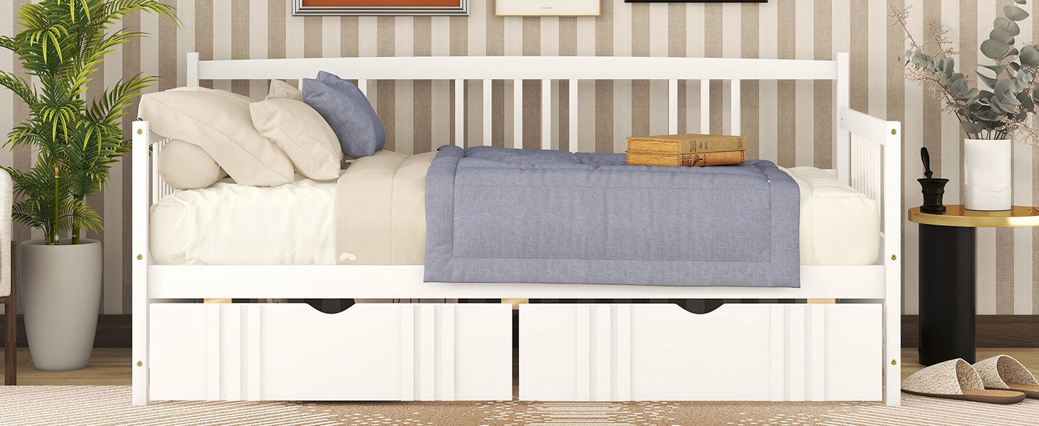 HAOYYE Twin Daybed with Two Drawers, White Wood Bed Frame, Sturdy Space-Saving Design, Heavy Duty Construction, Ideal for Bedroom, Dorm Room, Easy Assembly