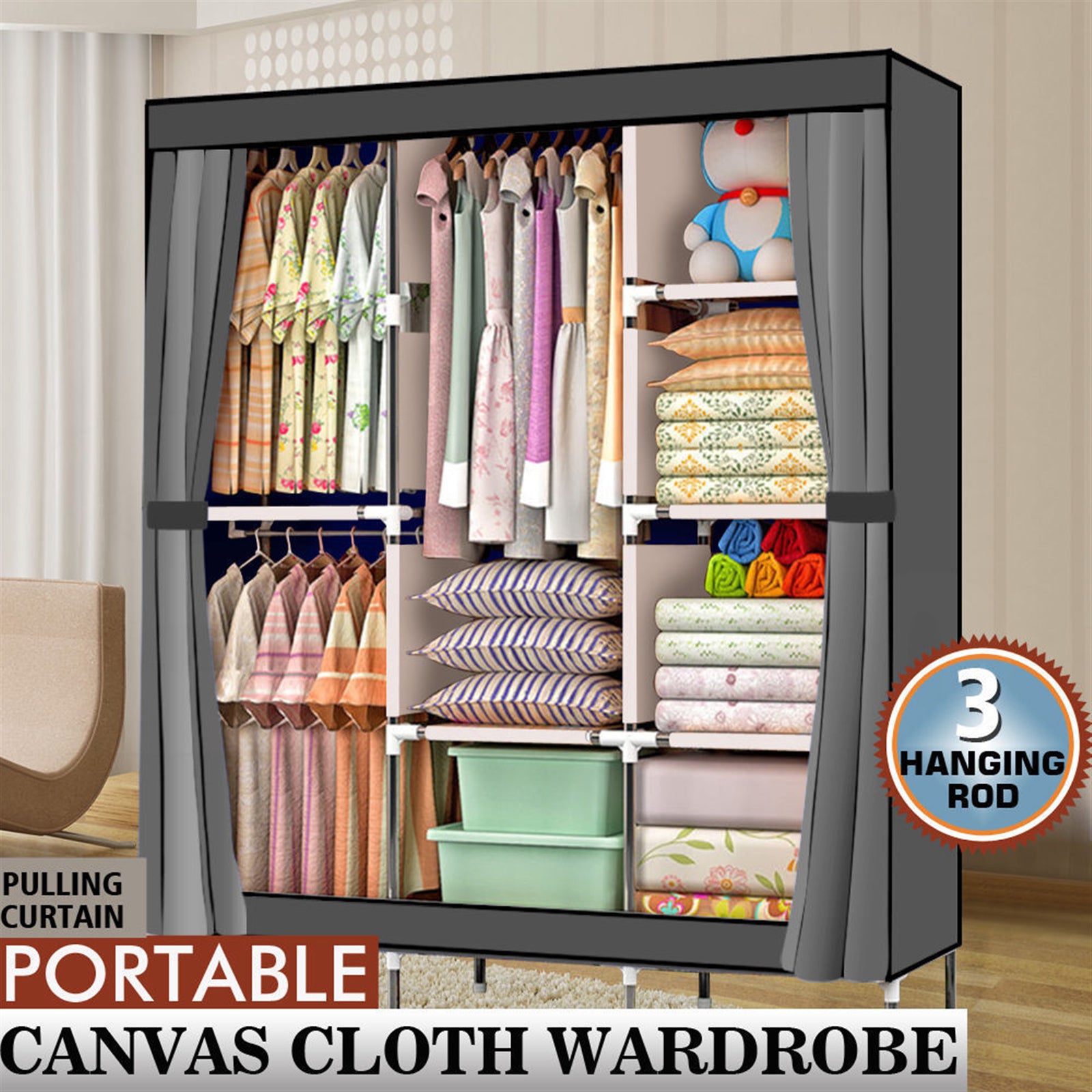HAOYYE 71" Portable Closet Wardrobe Storage Organizer with Shelves, Durable Non-Woven Fabric Cover, Spacious Space-Saving Clothes Rack, Modern Versatile Design, Premium Quality, Stylish Gray Look
