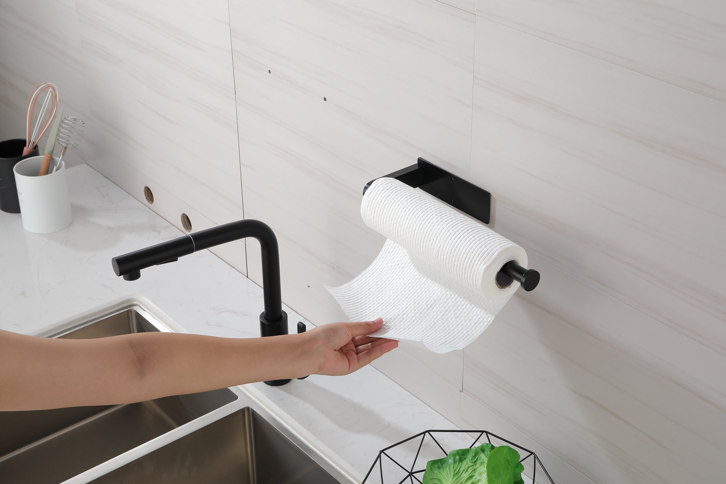 HAOYYE 2 Pack Paper Towel Holder Wall Mount, Black Paper Towel Holder Under Cabinet, Self Adhesive Paper Towel Holders, Kitchen Towel Holder for Kitchen Organization and Storage (12inch, 2 Pack) Sturdy