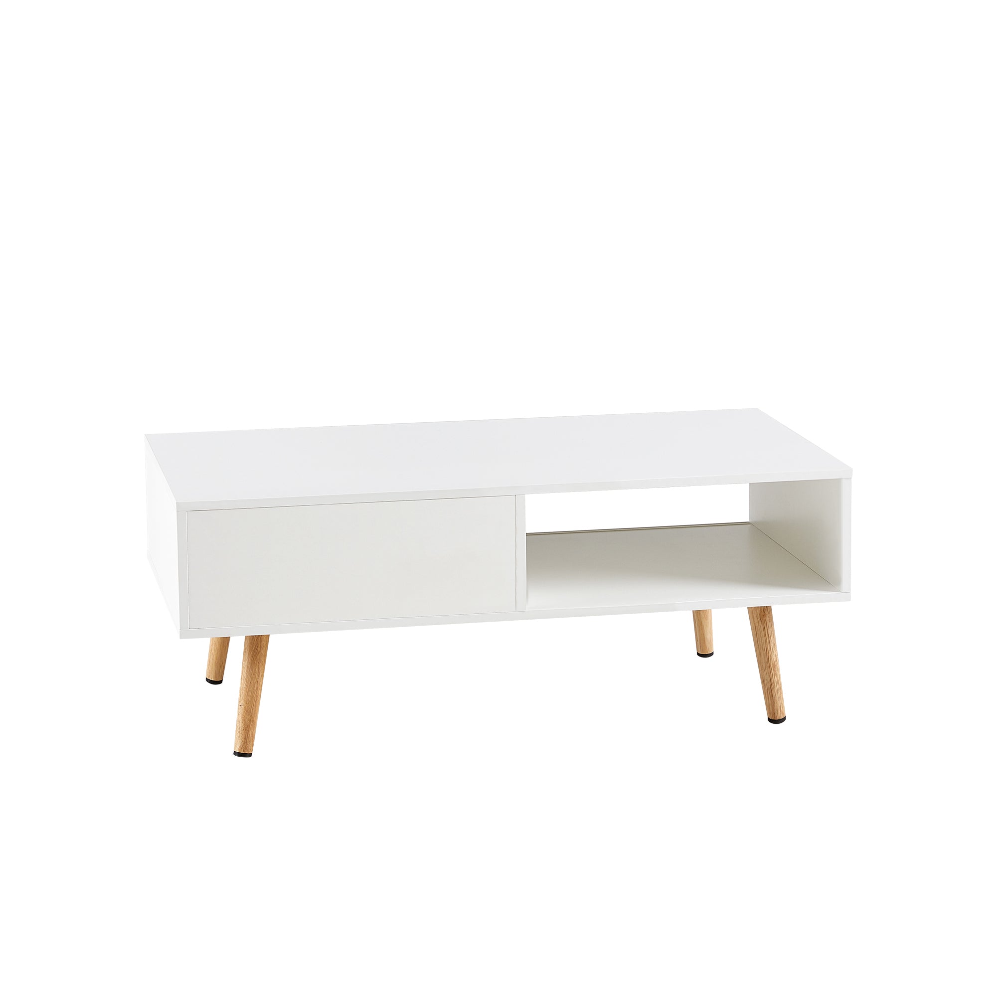 HAOYYE 41.34" Rattan Coffee Table with Sliding Door Storage, Solid Wood Legs, Modern Design for Living Room, White, Sturdy Space-Saving Heavy Duty Construction, Easy Assembly, Ideal for Adults and Dorm Rooms