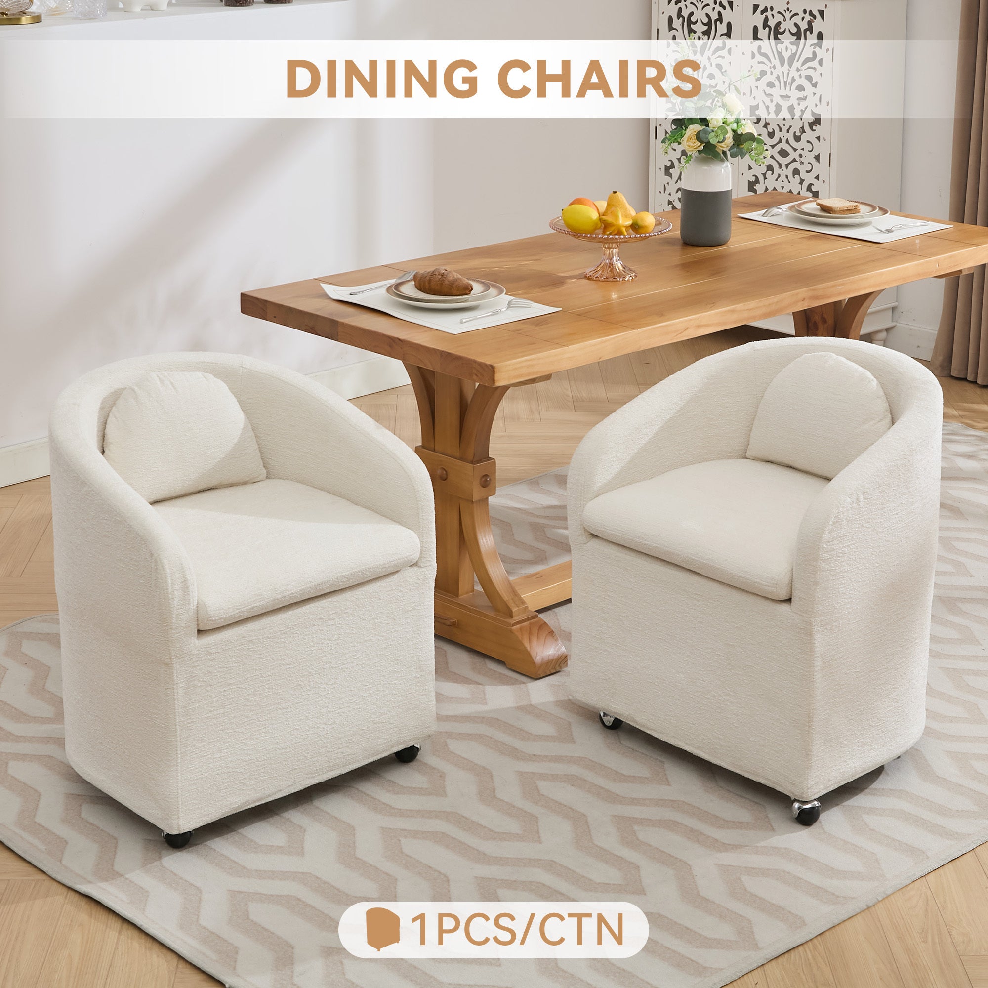 HAOYYE 059-Set of 1 Chenille Fabric Dining Armchair With Back Cushion and Universal Wheels,Beige Sturdy Space-Saving Heavy Duty Modern Design Adults Dorm Room Easy Assembly Bedroom Furniture