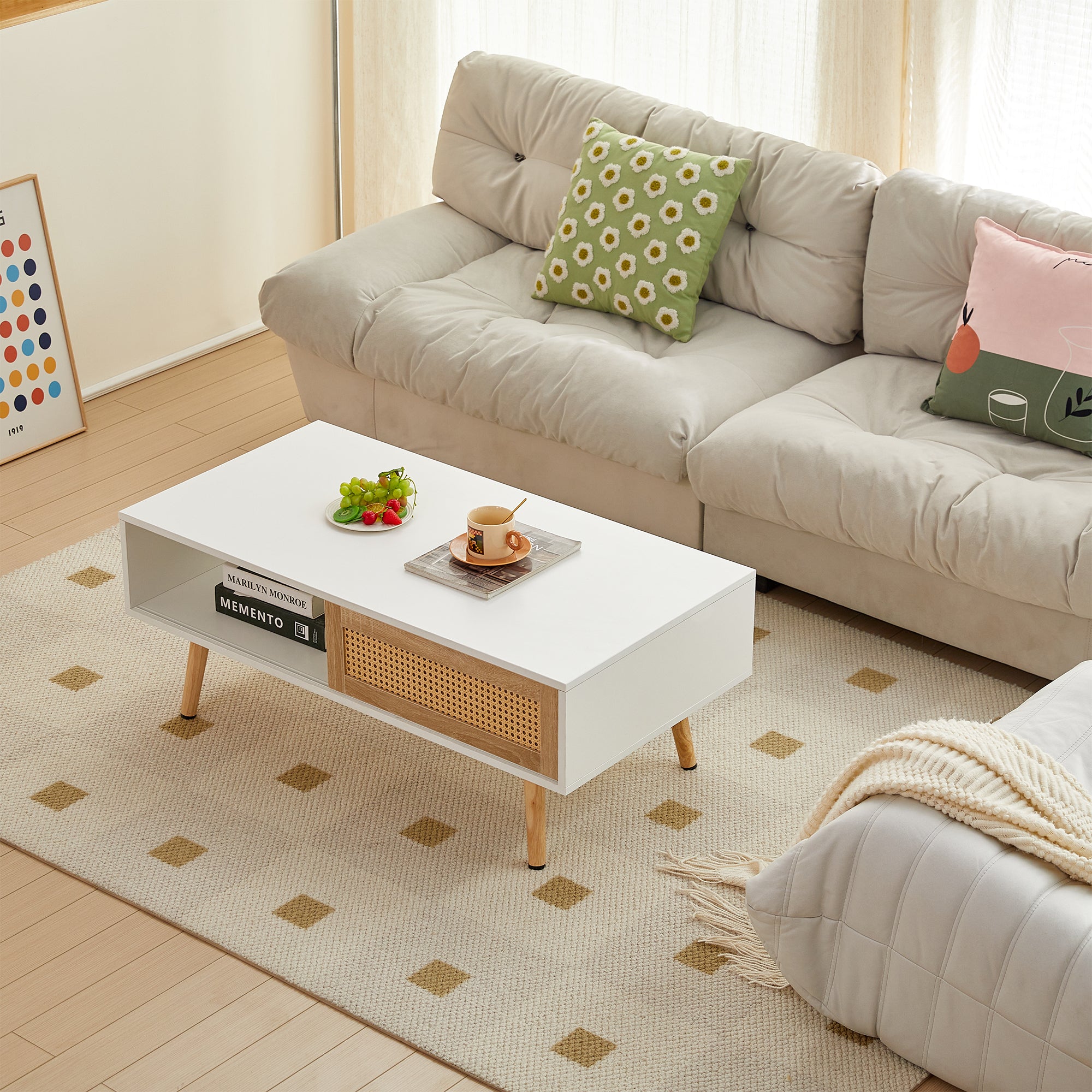 HAOYYE 41.34" Rattan Coffee Table with Sliding Door Storage, Solid Wood Legs, Modern Design for Living Room, White, Sturdy Space-Saving Heavy Duty Construction, Easy Assembly, Ideal for Adults and Dorm Rooms