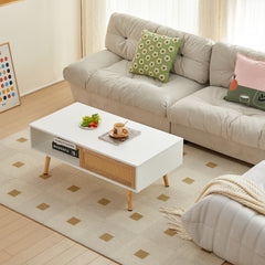 HAOYYE 41.34" Rattan Coffee Table with Sliding Door Storage, Solid Wood Legs, Modern Design for Living Room, White, Sturdy Space-Saving Heavy Duty Construction, Easy Assembly, Ideal for Adults and Dorm Rooms