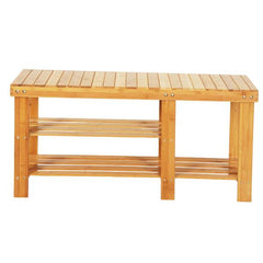 HAOYYE 90cm Strip Pattern Tiers Bamboo Stool Shoe Rack with Boots Compartment Wood Color Durable Space-Saving Organizer Storage Solution Modern Design Versatile Use Premium Quality Stylish Look Home