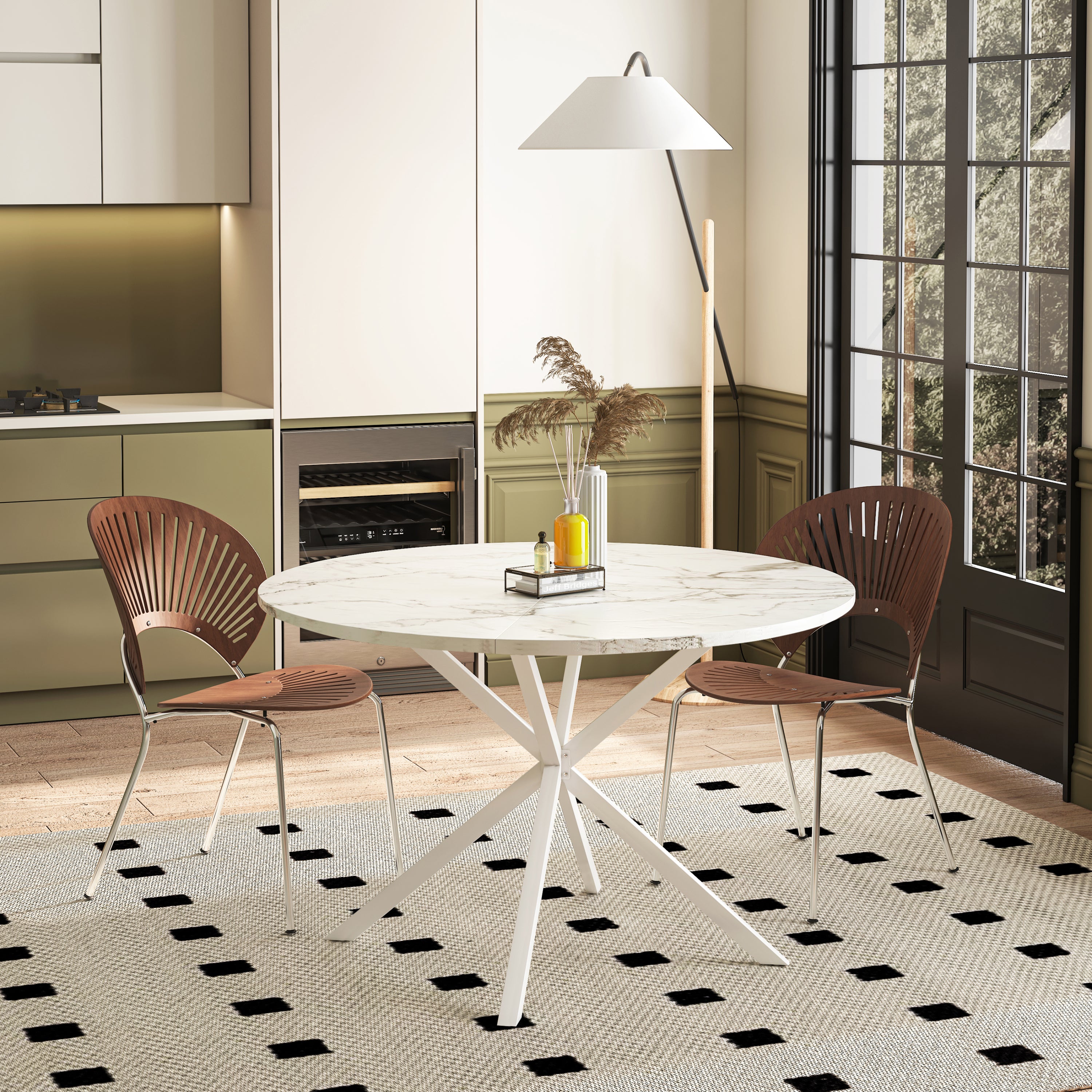 HAOYYE White Marble Top Round Dining Table With Cross-Leg Design, Removable Two-Piece Top, Matte Finish Iron Legs, Modern Sturdy Space-Saving Heavy Duty Construction, Ideal For Adults’ Dining Rooms And Small Spaces