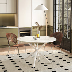 HAOYYE White Marble Top Round Dining Table With Cross-Leg Design, Removable Two-Piece Top, Matte Finish Iron Legs, Modern Sturdy Space-Saving Heavy Duty Construction, Ideal For Adults’ Dining Rooms And Small Spaces