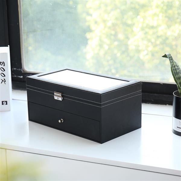 HAOYYE Leather 12-Piece Eyeglasses Storage and Sunglass Display Drawer, Lockable Case Organizer, Black, Premium Quality, Soft Cozy Warm Flannel Fleece Interior, Luxury Comfortable Unique Design, Ideal for Home Decor, Glasses Protection, and Organization