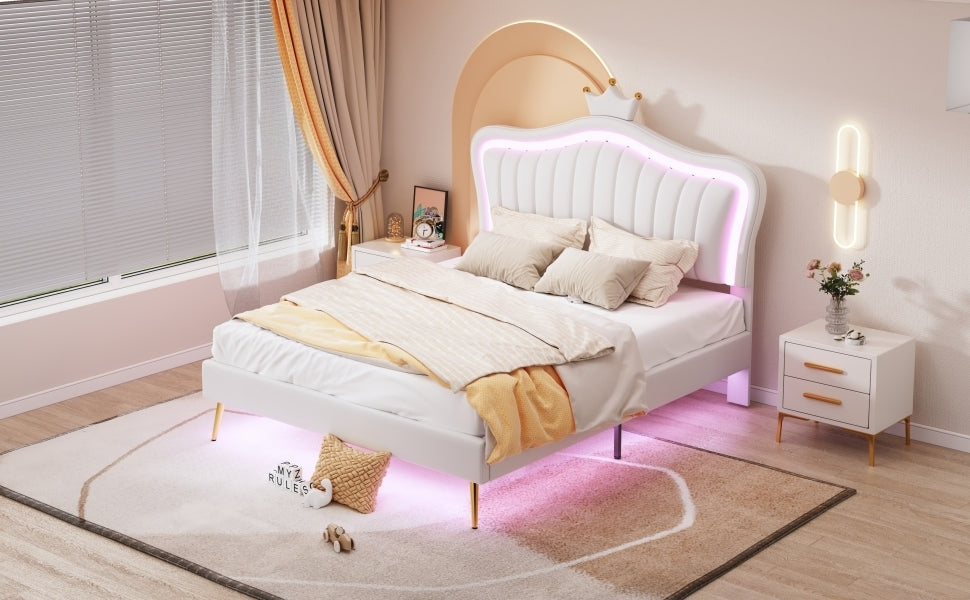 HAOYYE Queen Size Upholstered Bed Frame with LED Lights,Modern Upholstered Princess Bed With Crown Headboard,White Sturdy Space-Saving Heavy Duty Modern Design Adults Dorm Room Easy Assembly