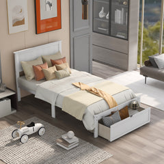 HAOYYE Modern Twin Platform Bed with Under-bed Drawer, White Sturdy Space-Saving Heavy Duty Design, Easy Assembly Bedroom Furniture for Dorms and Adults