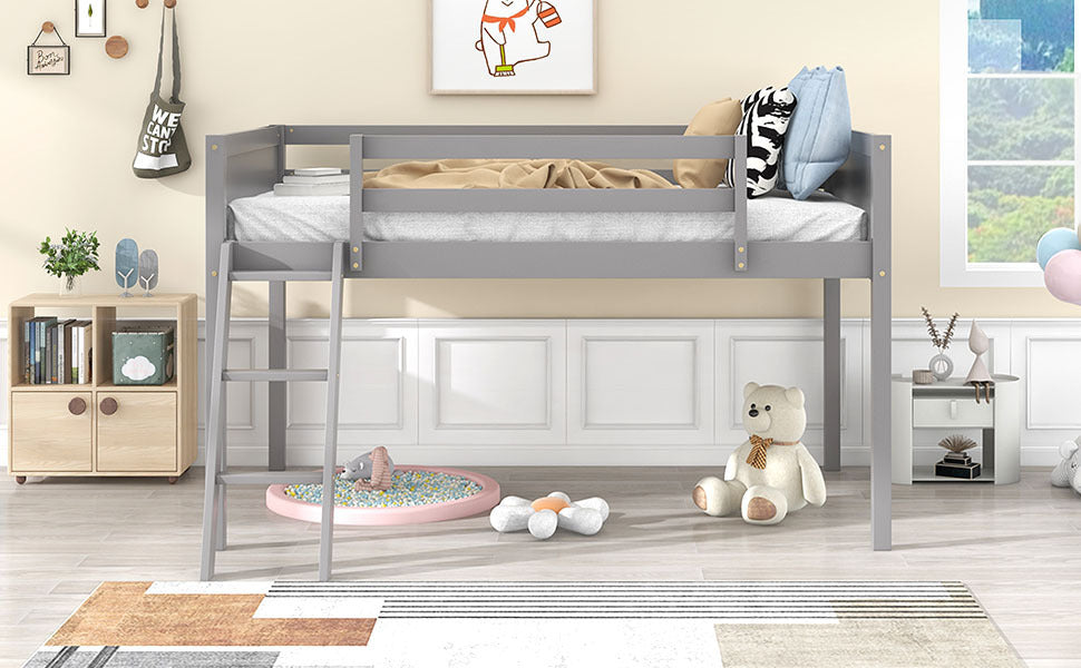 HAOYYE Twin Size Wood Low Loft Bed with Ladder, ladder can be placed on the left or right, Gray Sturdy Space-Saving Heavy Duty Modern Design Adults Dorm Room Easy Assembly Bedroom Furniture