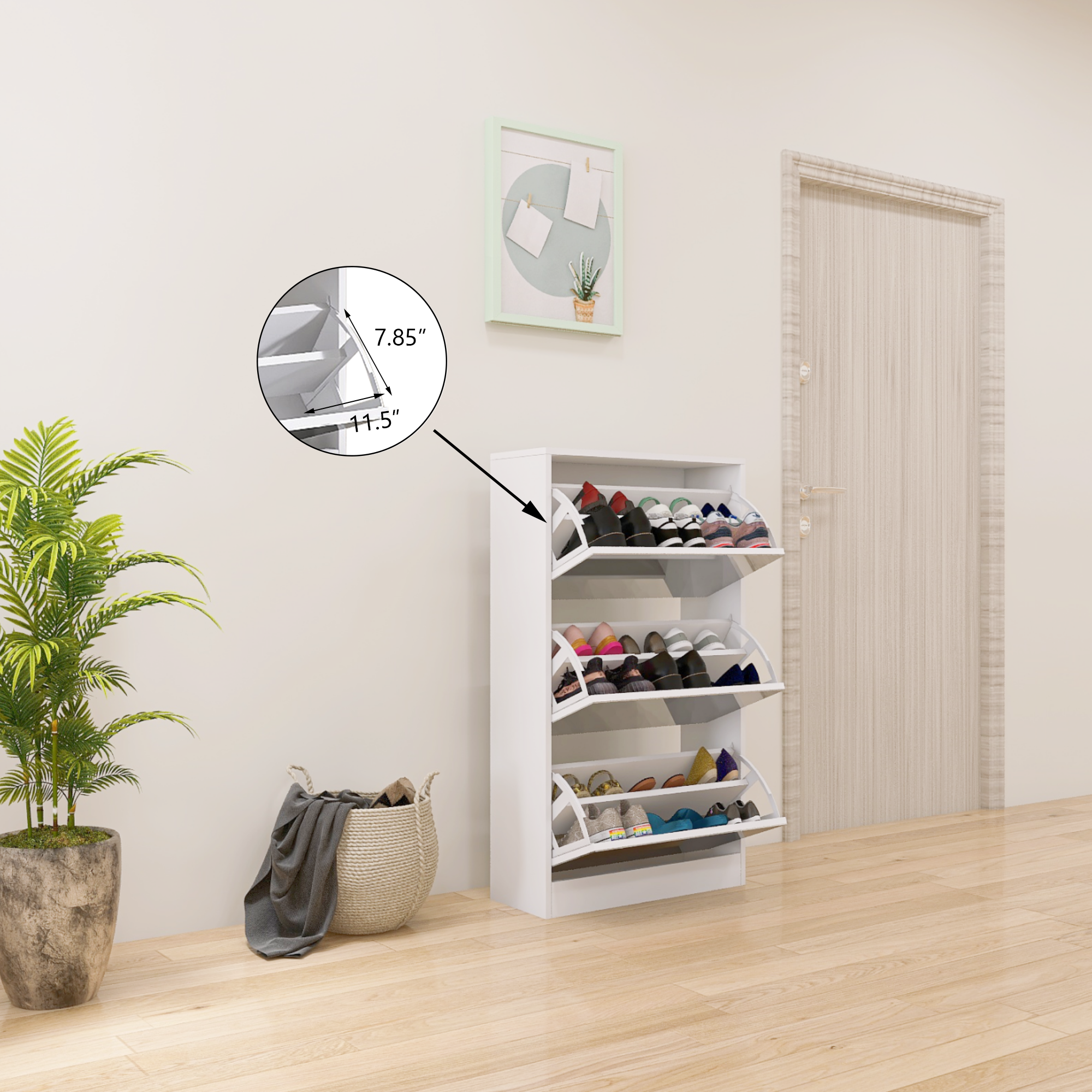 HAOYYE Narrow Shoe Storage Cabinet with Mirror, Wood Slim Shoe Rack 3 Tier Shoe Organizer for Home and Apartment, White Sturdy Space-Saving Heavy Duty Modern Design Adults Dorm Room Easy Assembly