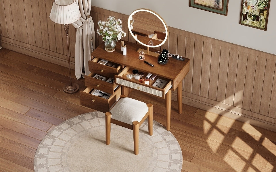 HAOYYE 39" Retro Bohemian Style Wooden Makeup Vanity Set with Charging Plug&USB Port and Stool, Dressing Table with 3 Storage Drawers and 1 Rectangular Rattan Drawer, Walnut