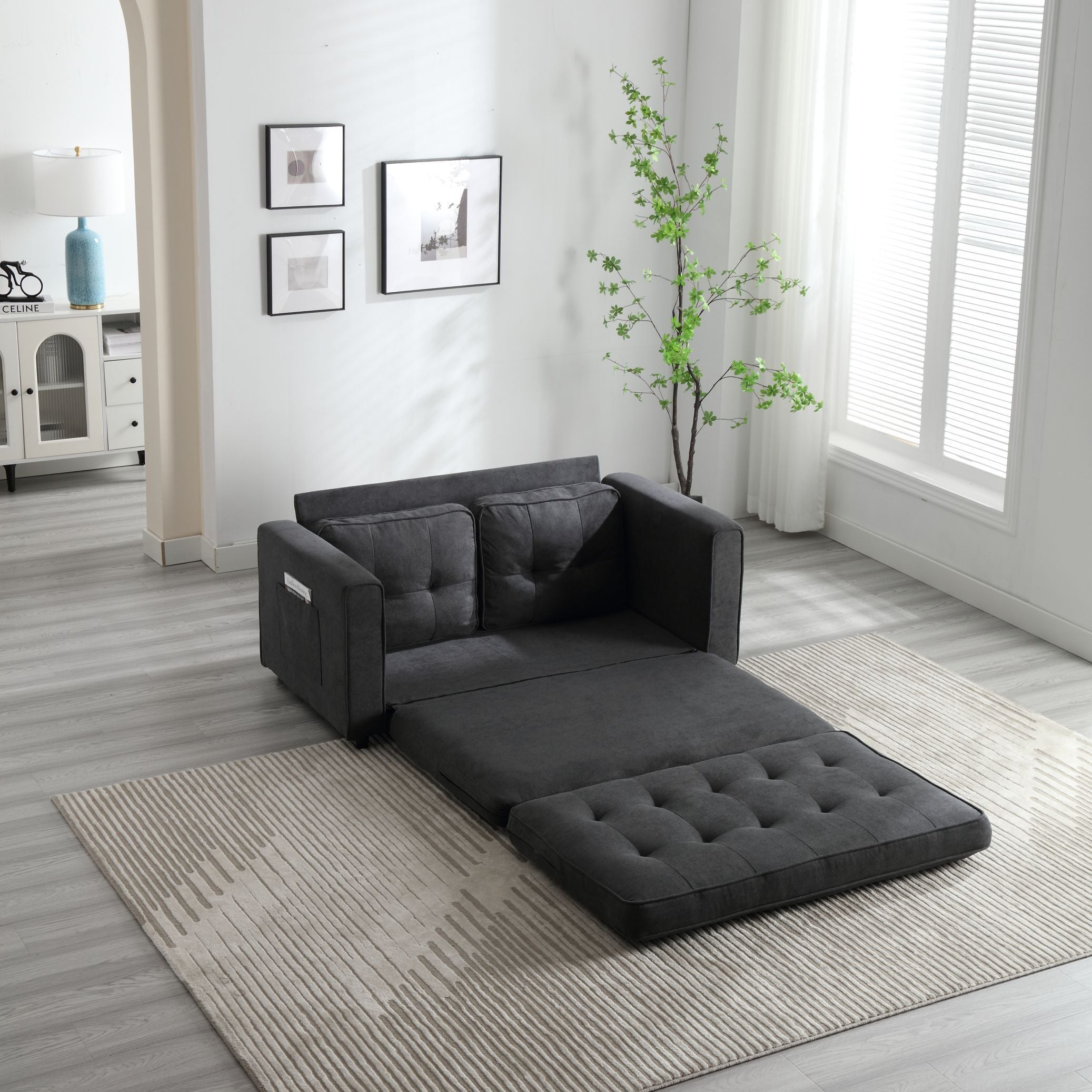 HAOYYE 3-Fold Convertible Futon Couch, Pull Out Sofa Bed, Space-Saving Loveseat Sleeper, Velvet Linen Fabric Upholstery, Heavy Duty Durable Sofa for Living Room, Modern Compact Design, Dark Gray, Light Gray, Beige