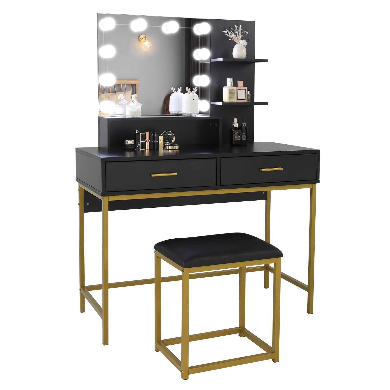 HAOYYE Large Vanity Set with 10 LED Bulbs, Makeup Table with Cushioned Stool, Multiple Storage Shelves and Drawers, Stylish Dressing Table Desk for Bedroom, Modern Black Design for Convenient Makeup and Organization