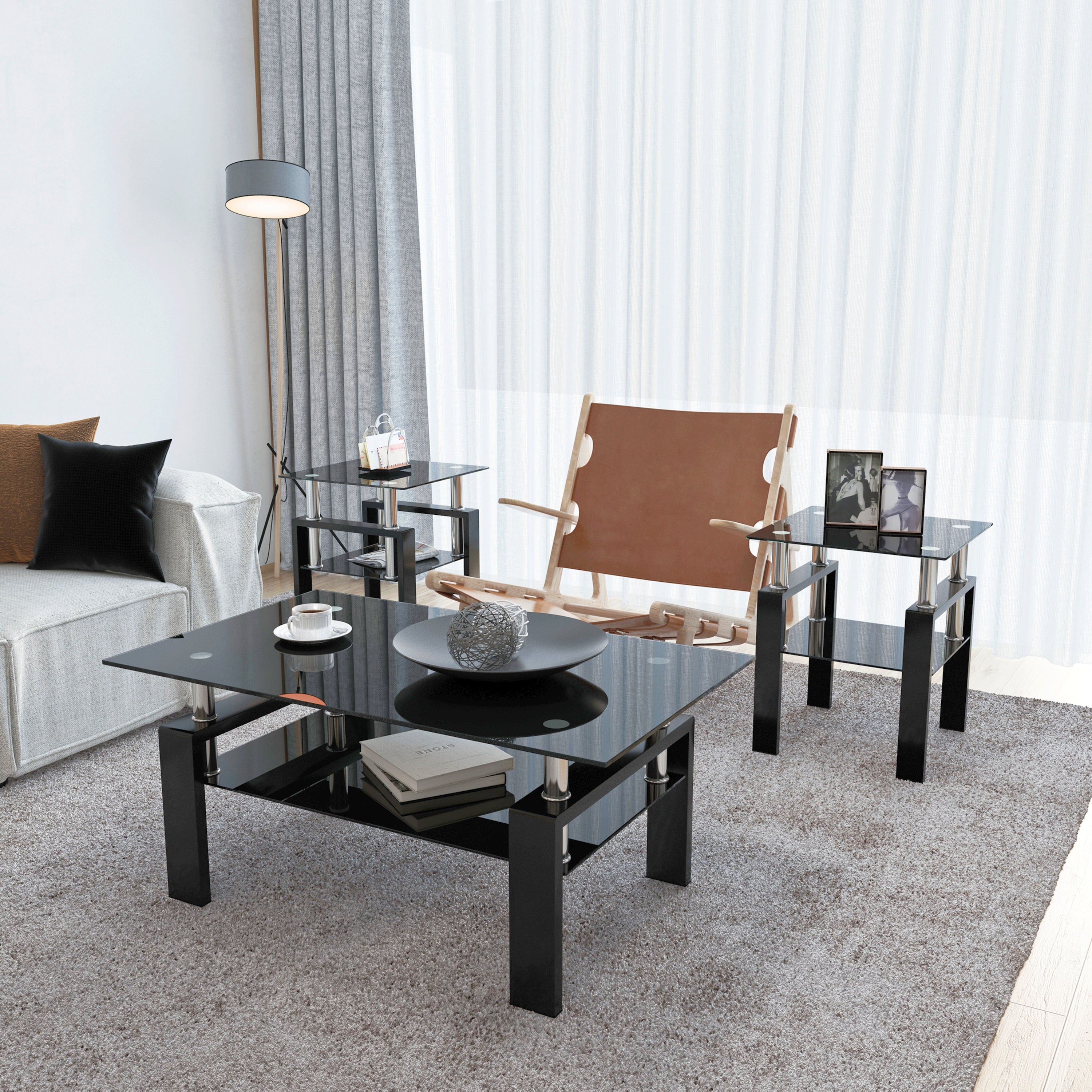 HAOYYE Set of 2 Modern Tempered Glass Coffee Tables, Square End Tables with Sturdy Black Frame, Stylish and Durable for Living Room, Space-Saving Design, Easy Assembly, Heavy Duty Modern Home Furniture