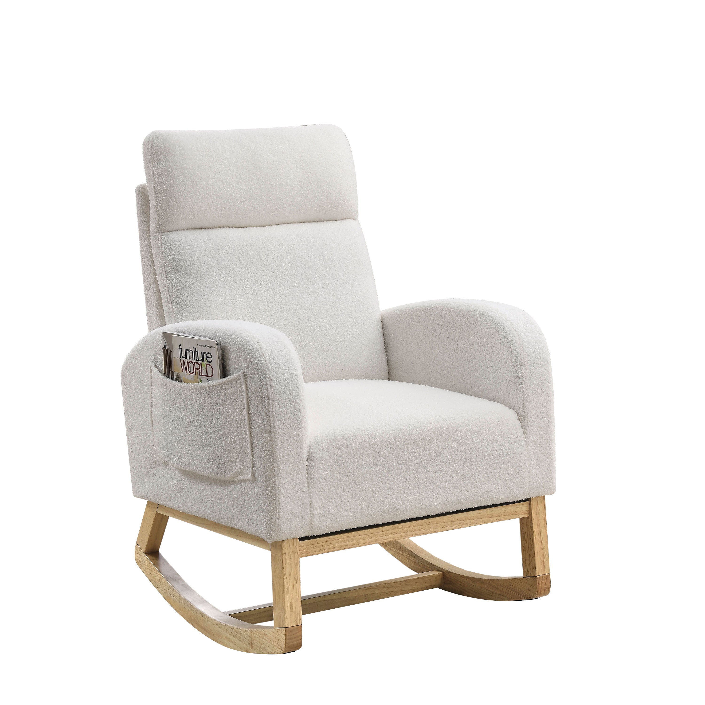 HAOYYE 27.6"W Modern Accent High Backrest Living Room Lounge Arm Rocking Chair, Two Side Pocket ,Teddy White (Ivory) Sturdy Space-Saving Heavy Duty Modern Design Adults Dorm Room