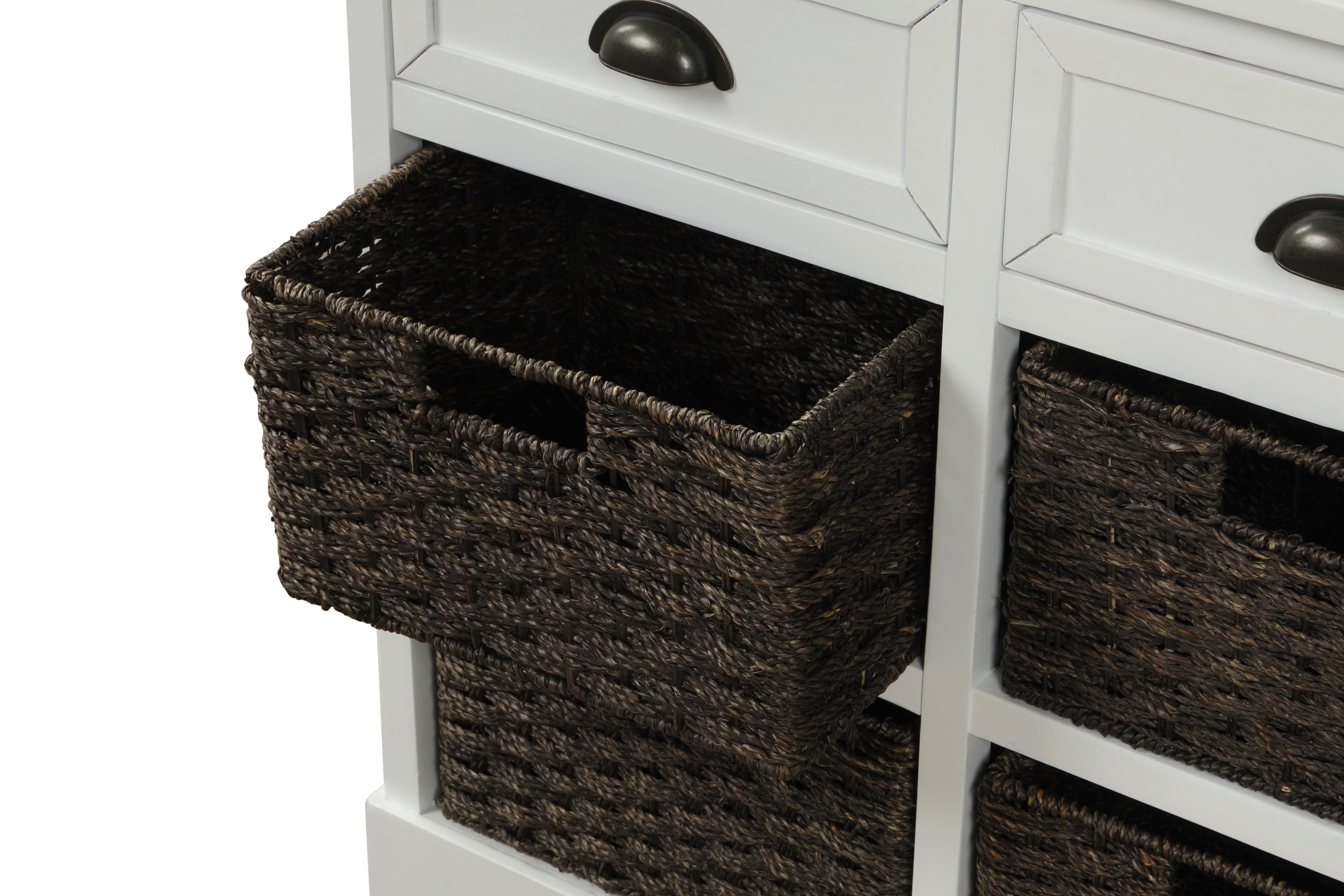 HAOYYE Rustic Storage Cabinet with Two Drawers and Four Classic Rattan Baskets for Dining Room or Living Room, White, Sturdy Space-Saving Design, Heavy Duty Construction, Easy Assembly, Durable and Stylish Home Furniture