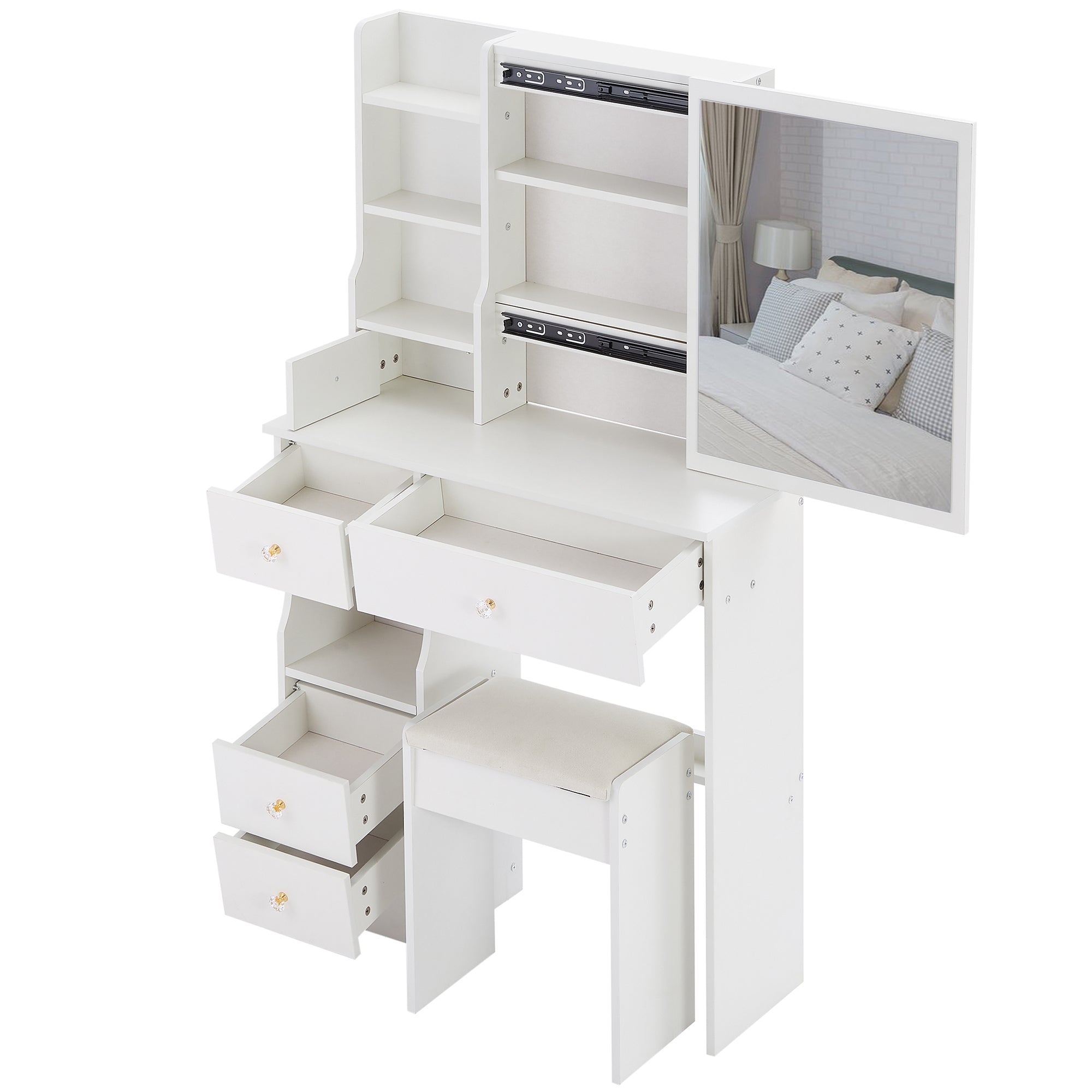 HAOYYE Small Size Left Drawer Desktop Vanity Table + Cushioned Stool, Extra Large Sliding Mirror, Multi Layer, High Capacity Storage Fashionable Dresser, Suitable for Small Space, EPA,GCC,UL Certificate