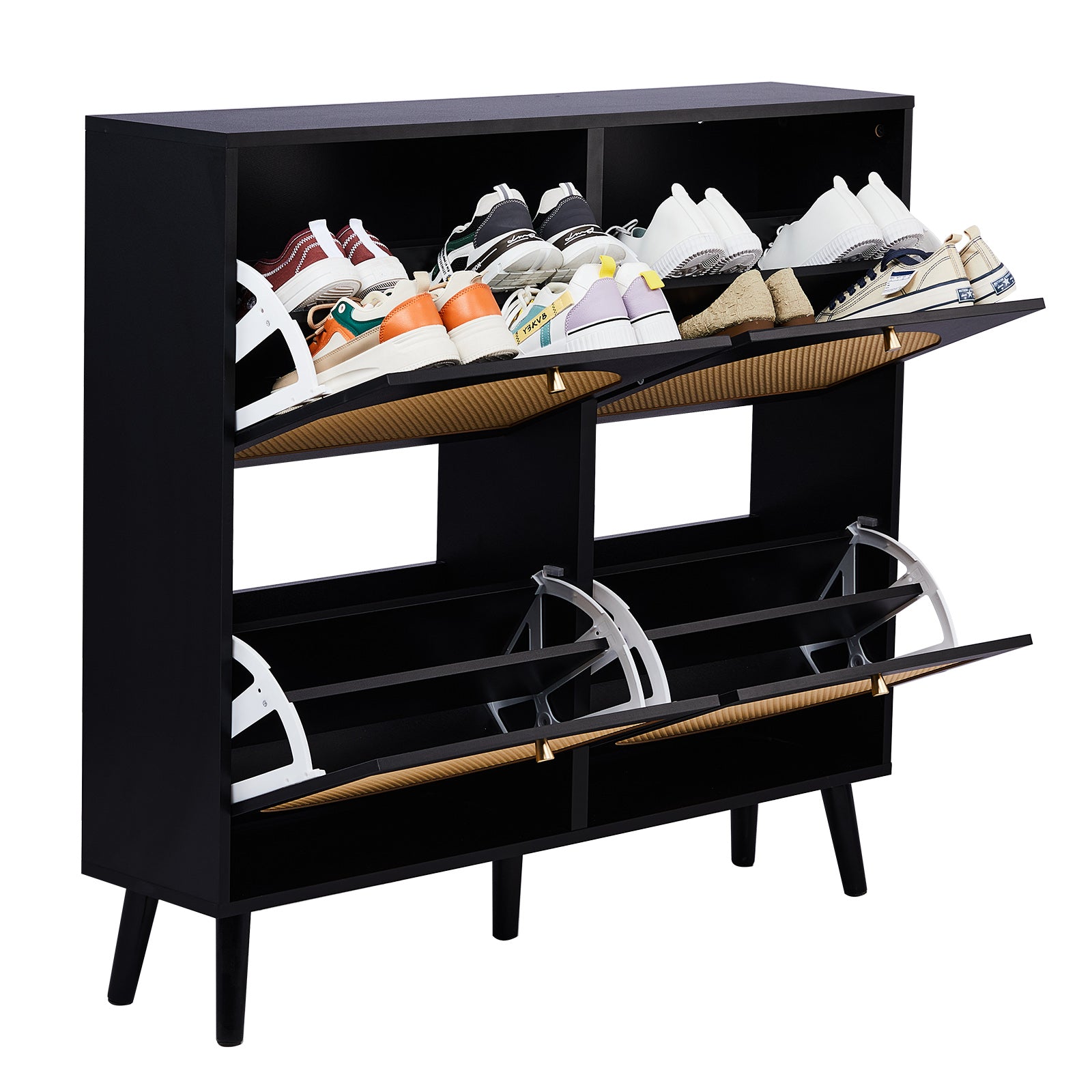 HAOYYE Rattan Shoe Cabinet with 2 Rows of 4 Flip Drawers, Arched High Legs, Black Metal Frame and Natural Wood-Look Panels, Modern Particle Board Storage Organizer for Entryway, Hallway, Bedroom