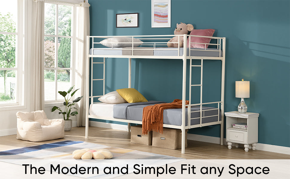 HAOYYE Twin Over Twin Metal Bunk Bed,Metal Structure Bedframe with Safety Guardrails and 2 ladders,Convertible Bunkbeds,No Spring Box Required and Space Saving Design,White Sturdy Space-Saving Heavy Duty