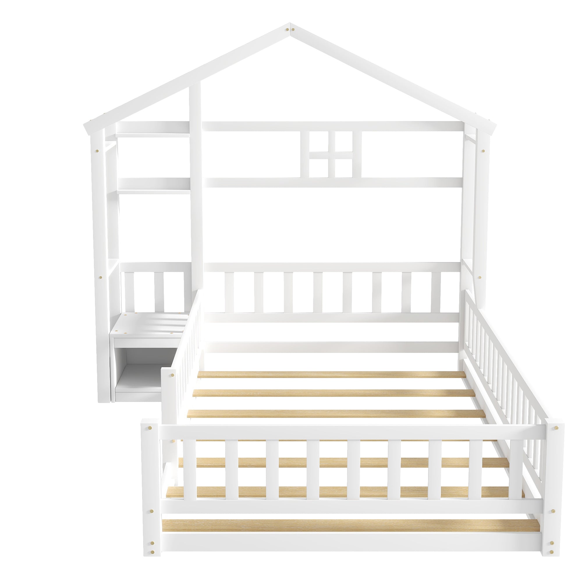 HAOYYE Twin Size House Shape Headboard Floor Bed with Guardrails, Slats Support, Nightstand ,White Sturdy Space-Saving Heavy Duty Modern Design Adults Dorm Room Easy Assembly Bedroom Furniture