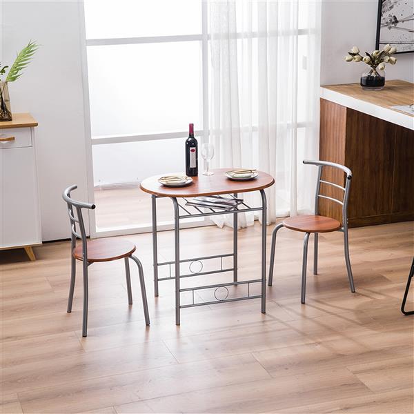 HAOYYE Brown Wood Grain PVC Breakfast Table Set with One Table and Two Chairs, Space-Saving Dining Table and Stool Set for Small Kitchen, Apartment, or Dining Room