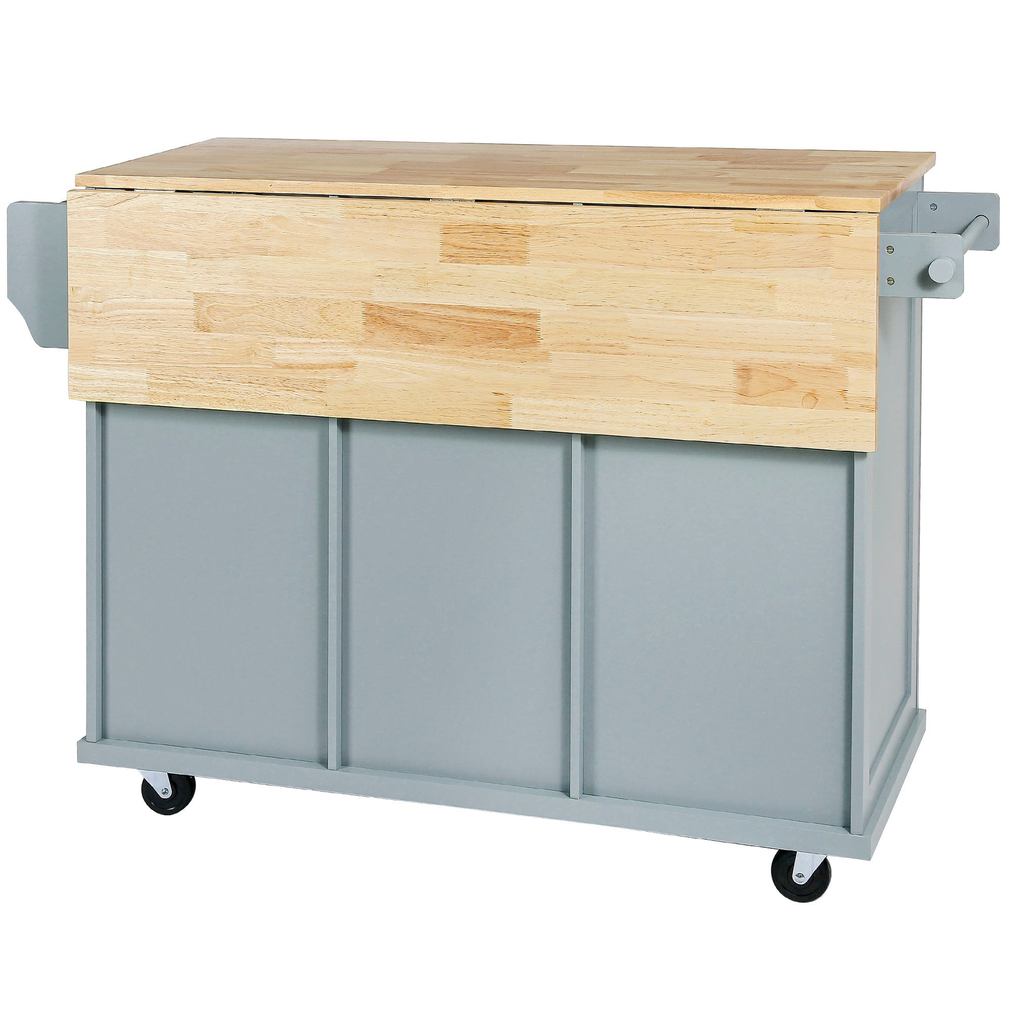 HAOYYE Kitchen Cart with Rubberwood Drop-Leaf Countertop, Cabinet Door Internal Storage Racks, Kitchen Island on 5 Wheels with Storage Cabinet and 3 Drawers for Dining Room, Grey Blue, Sturdy Space-Saving Design, Durable Home Furniture