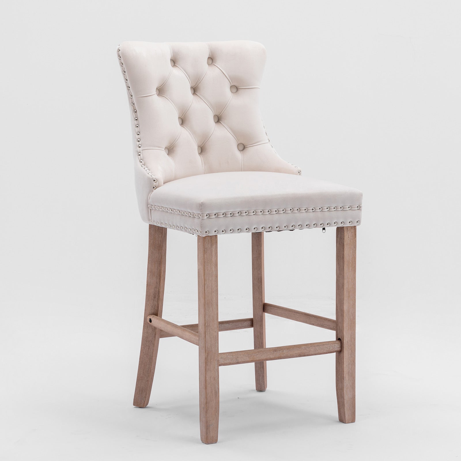HAOYYE Contemporary Velvet Upholstered Barstools with Button Tufted Decoration and Wooden Legs, and Chrome Nailhead Trim, Leisure Style Bar Chairs,Bar stools, Set of 2 (Beige),SW2002BG Sturdy Space-Saving