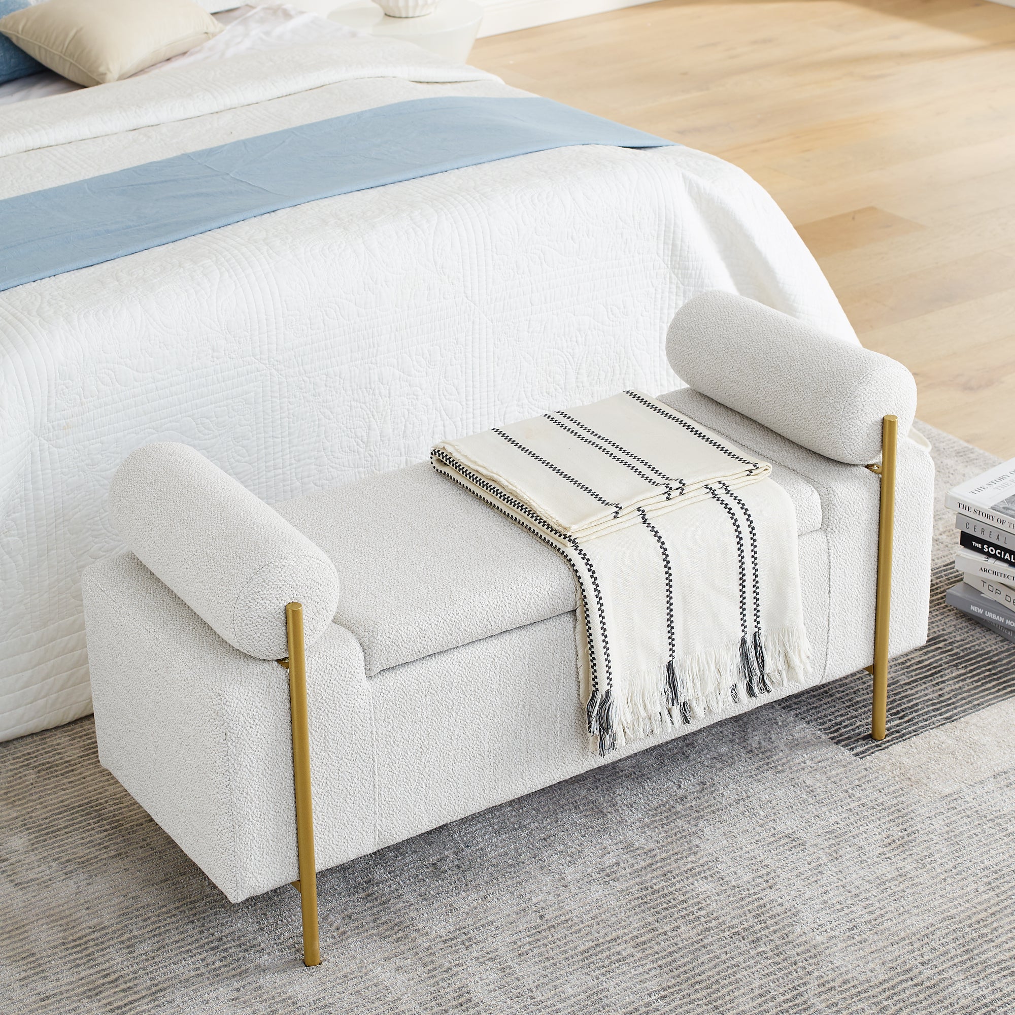 HAOYYE Elegant Upholstered Linen Storage Bench with Cylindrical Arms and Iron Legs for Hallway Living Room Bedroom, White Sturdy Space-Saving Heavy Duty Modern Design Adults Dorm Room Easy Assembly