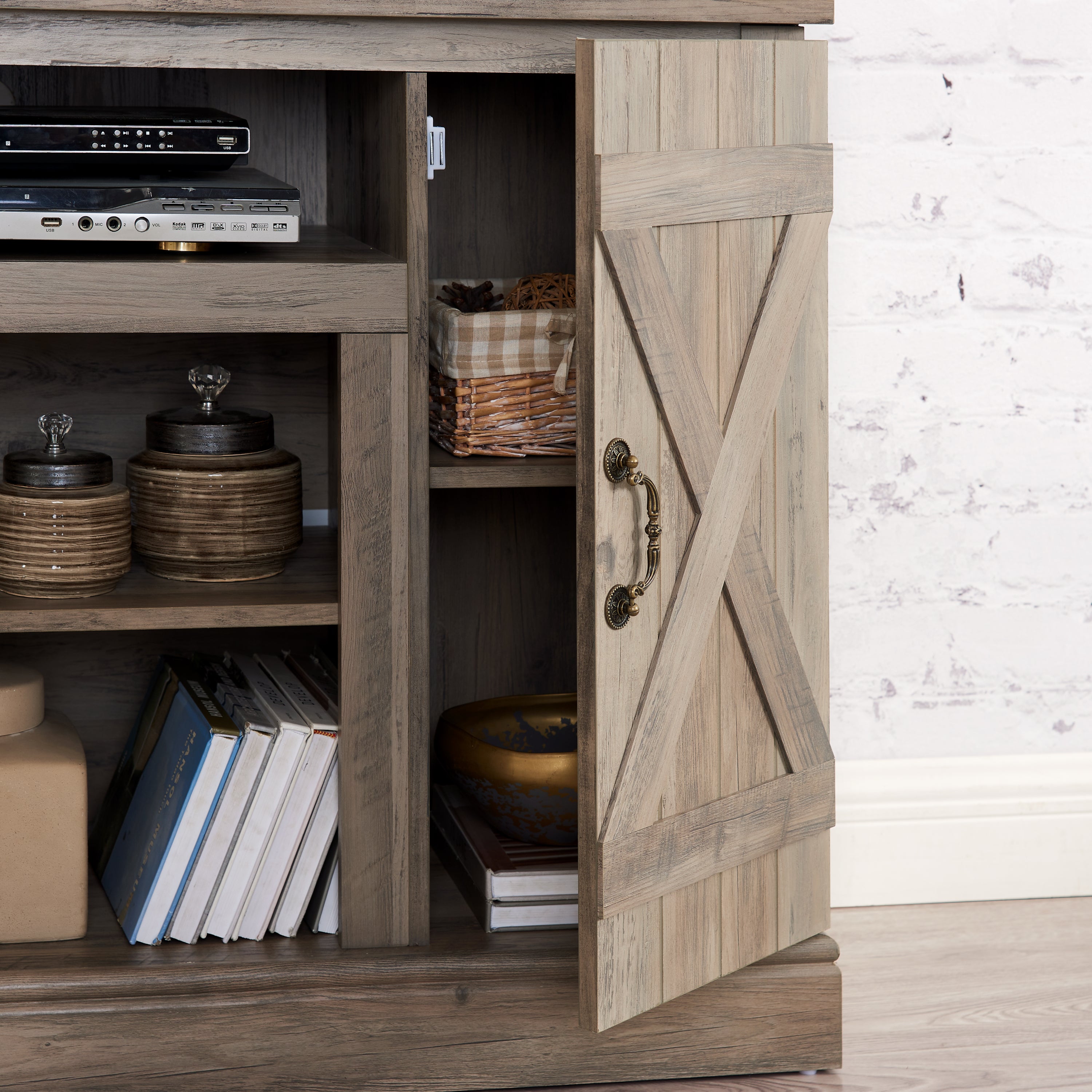 HAOYYE Farmhouse Classic Media TV Stand Antique Entertainment Console for TV up to 50" with Open and Closed Storage Space, Gray Wash, 47"W*15.5"D*30.75"H Sturdy Space-Saving Heavy Duty Modern Design