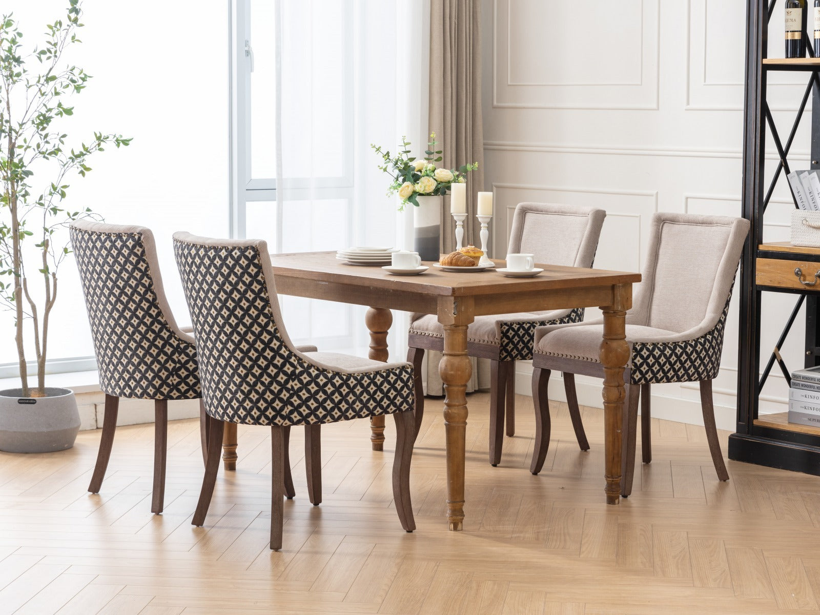 HAOYYE Ultra Side Dining Chair, Thickened fabric chairs with neutrally toned solid wood legs, Bronze nail head, Set of 2, Beige and Patterned,SW2207BG Sturdy Space-Saving Heavy Duty
