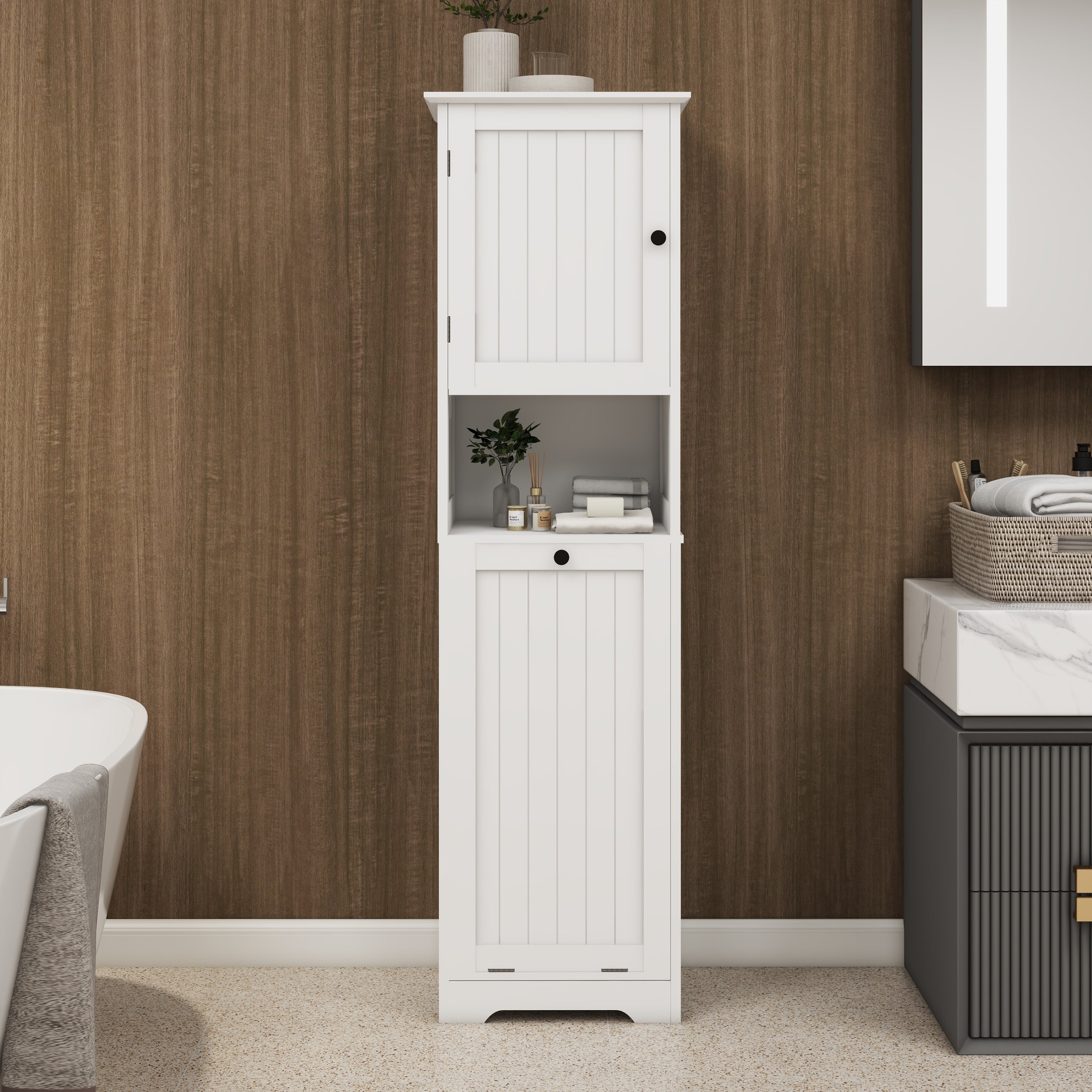 Haoyye One-Compartment Tilt-Out Laundry Sorter Cabinet, Modern Space-Saving Storage Unit with Removable Bag and Top Shelf, Sturdy MDF Construction with UV Finish, Stylish Organizer for Bathroom, Bedroom, or Laundry Room, Easy Assembly