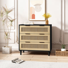 HAOYYE 3-Drawer Rattan Storage Cabinet for Bedroom, Living Room, Dining Room, Hallways, Black, Sturdy Space-Saving Heavy Duty Modern Design, Easy Assembly, Durable, Stylish Home Furniture